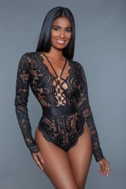 Be Wicked Tops Ramona Black Lace Long Sleeve Bodysuit