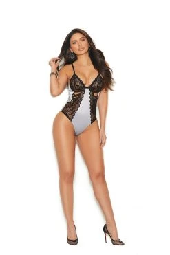 Elegant Moments Silver Black Lace Teddy LINGERIE