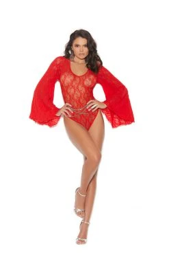 Elegant Moments Tops Red Lace Bodysuit With Bell Sleeves