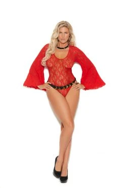 Elegant Moments Plus Size Lingerie Red Lace Bodysuit With Bell Sleeves