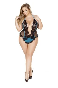 Roma Costume Plus Size Lingerie Black/Blue One Piece V-Shaped Eyelash Lace And Satin Teddy With Snap Bottom