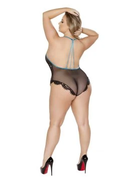 Roma Costume Plus Size Lingerie Black/Blue One Piece V-Shaped Eyelash Lace And Satin Teddy With Snap Bottom