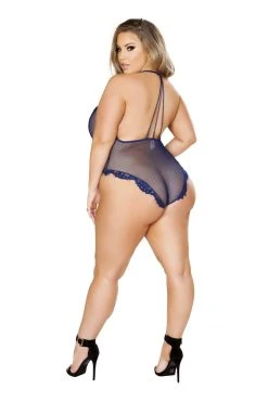 Roma Costume Plus Size Lingerie Navy Blue One Piece V-Shaped Eyelash Lace And Satin Teddy