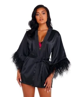 Roma Costume Soft Satin Robe With Ostrich Feathered Trim LINGERIE