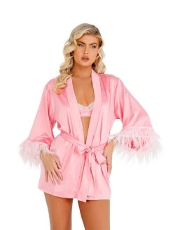 Roma Costume Soft Satin Robe With Ostrich Feathered Trim LINGERIE