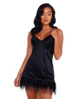 Roma Costume LINGERIE Soft Satin Chemise With Ostrich Feathered Trim