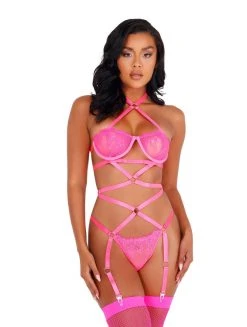 Roma Costume Lacey Criss-Cross Underwired Teddy With Garters