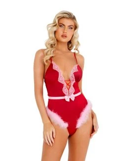 Roma Costume Marabou Satin Teddy With Bow Detail