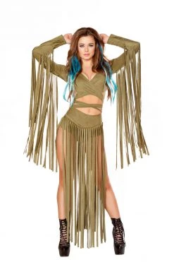 JValentine Olive Suede Long Fringe Shorts