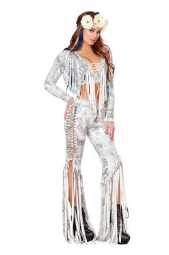 JValentine CLOTHING Celtic Dragon Print Faux Suede Lace-Up Fringe Pants