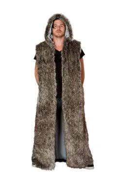 JValentine Men's Black Wolf Faux Fur Hooded Duster Jackets & Coats